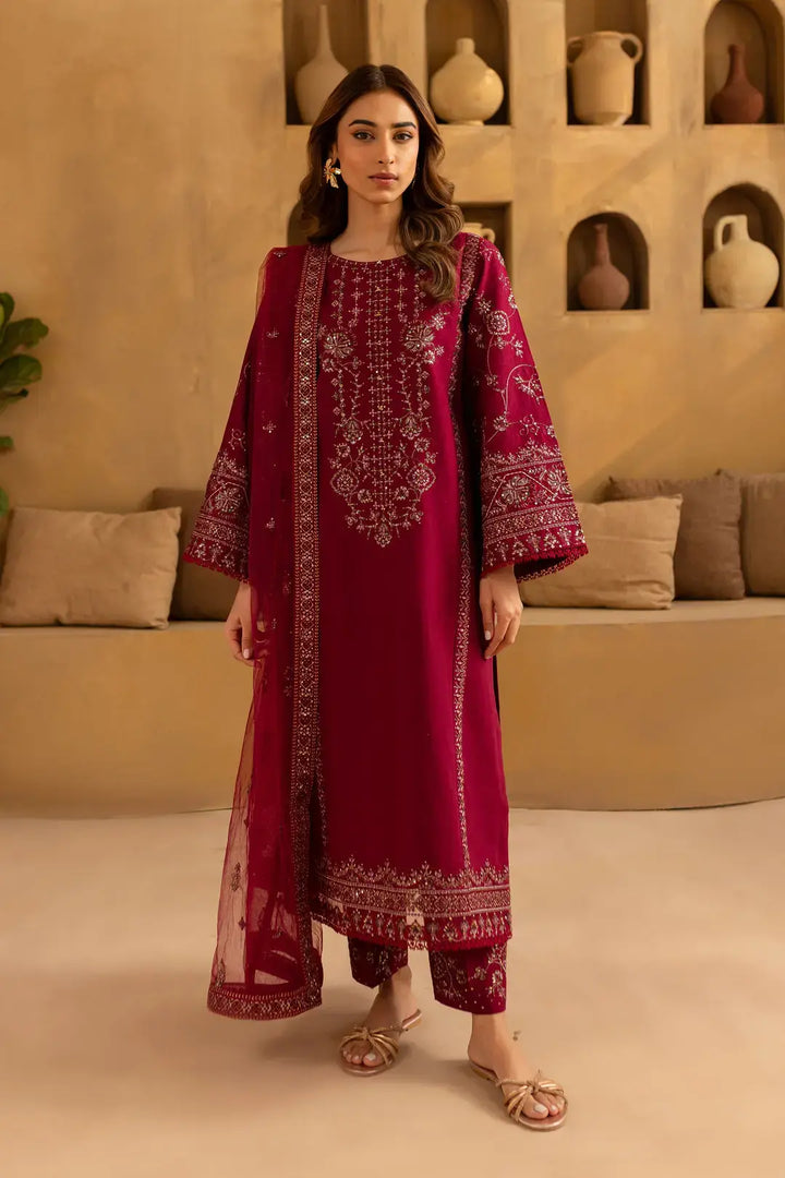 fuschia burgundy 3Pc - Embroidered Cotton Dress