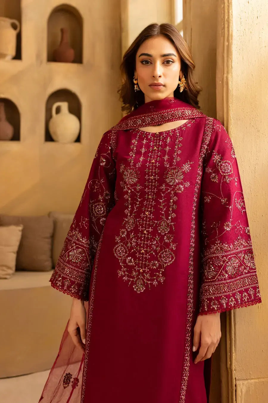 fuschia burgundy 3Pc - Embroidered Cotton Dress