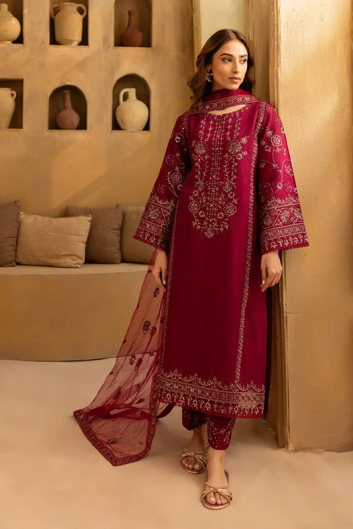 fuschia burgundy 3Pc - Embroidered Cotton Dress