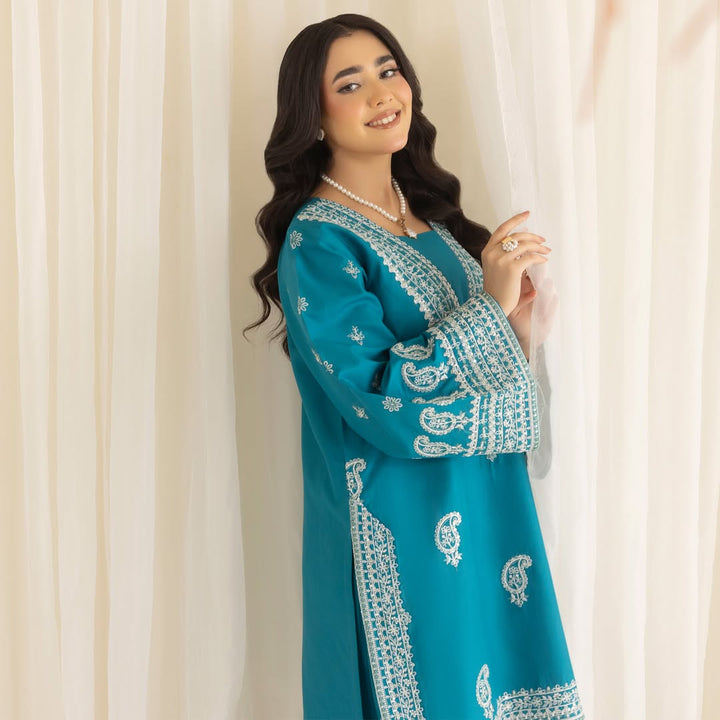Teal Blue Cotton Embroidered 2-Piece Suit for Women Elegancee