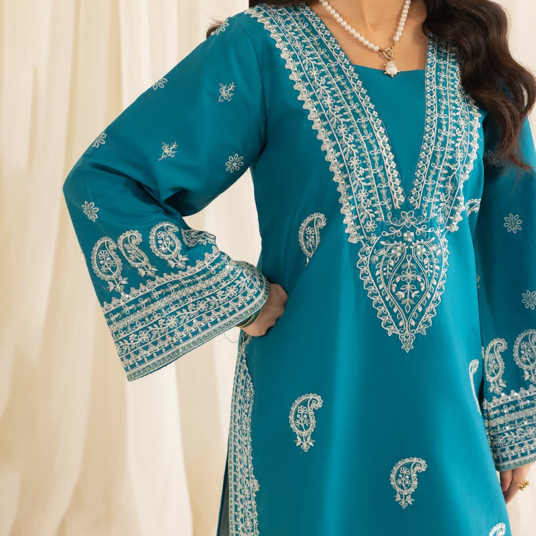 Teal Blue Cotton Embroidered 2-Piece Suit for Women Elegancee